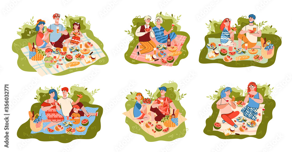 Set of vector illustrations of a family picnic. Family, friends, girlfriends, close people relax in nature with food and drinks. Colorful line flat illustrations.