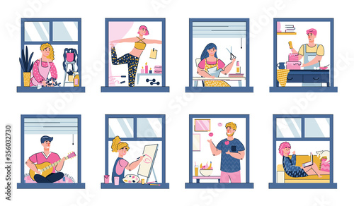 People in quarantine and self-isolation stay at home. People are engaged in various activities sports origami cooking planting home plants music drawing entertainment. Colorful flat vector