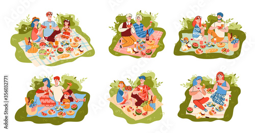 Set of vector illustrations of a family picnic. Family, friends, girlfriends, close people relax in nature with food and drinks. Colorful line flat illustrations.