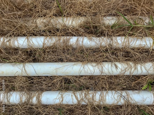 White colored pipes lying on dry grass