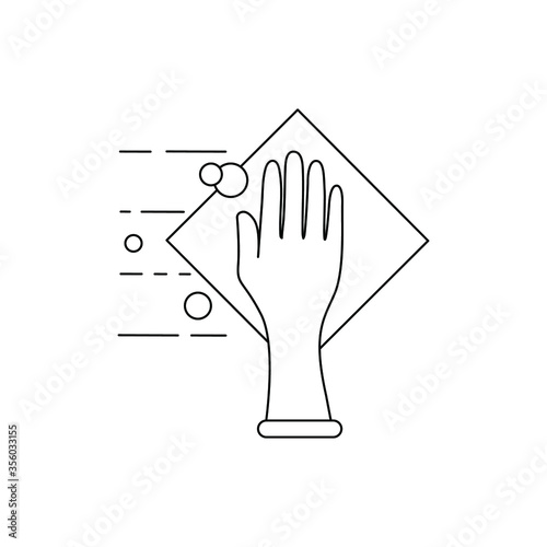 Vector icon hand in a glove with a napkin washes, reads surface. Black outline, minimal flat design, eps 10. Concept: cleaning, cleanliness, disinfection.