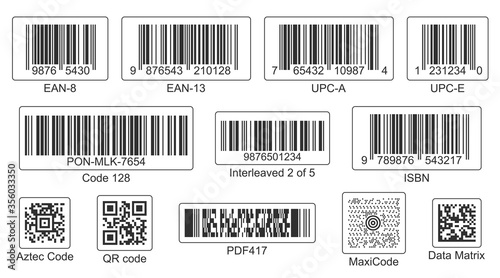 Vector barcodes set. Different types: linear (EAN, UPC, ISBN) and matrix (QR, Aztec, PDF417, MaxiCode) codes. Machine-readable data representation with parallel lines or rectangles. Set of labels. photo