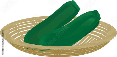 An illustration of two zucchini on a wicker basket.