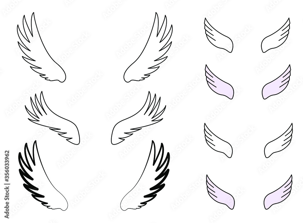 Wings are natural and cartoony. Set of vector twin wings isolated on a white background. Concept: fly, feel lightness, freedom, fast delivery, wings of love, fantastic creatures with wings. Wings are natural and cartoony. Set of vector twin wings isolated on a white background. Concept: fly, feel lightness, freedom, fast delivery, wings of love, fantastic creatures with wings.