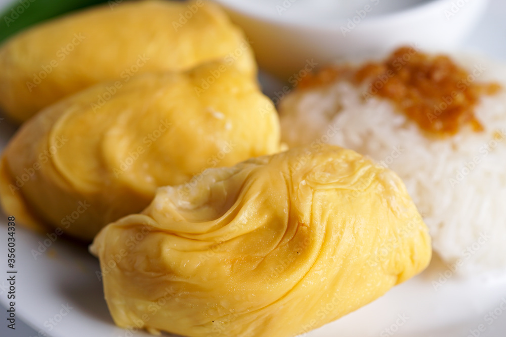'Pulut Durian' is a glutinous or sticky rice with durian, coconut milk and sprinkle of grated palm sugar popuar food in Malaysia, Thailand and Indonesia -selective focus
