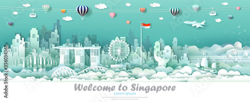 Vector illustration tour downtown singapore with singapore flag.
