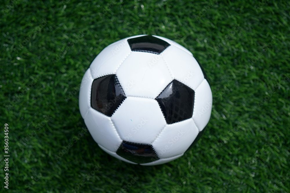 Traditional soccer ball or football on soccer football field. Copy space for text
