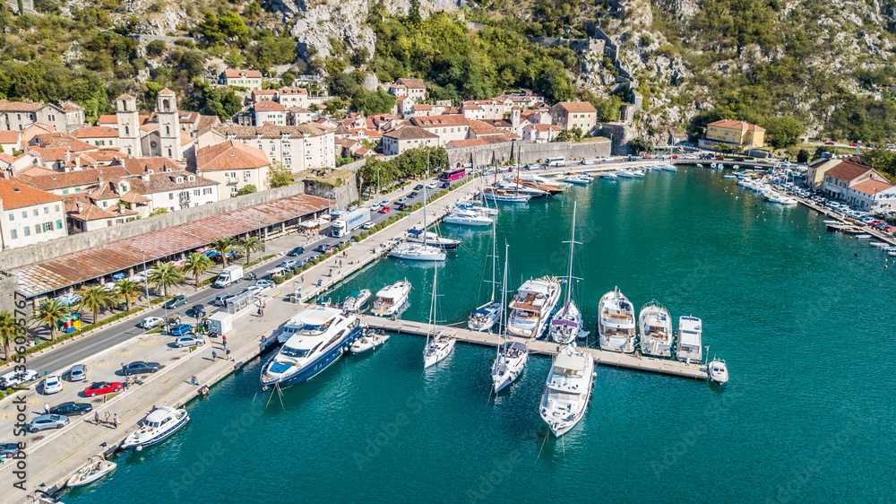 Group of marine yachts in the harbor of Kotor 