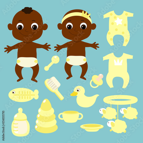 Set a small baby Africans or African Americansand newborn or first year of life baby items: mobile, comb, feeding bottle, pacifier rubber duck, bodysuit, rattle. Illustration in pastel yellow colour.