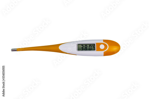 Digital medical thermometer showing high fever temperature isolated on white background