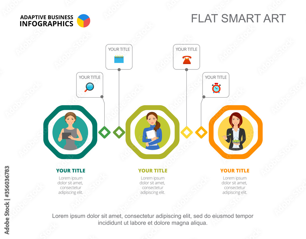 Three employees workflow chart. Option diagram, flowchart, slide template. Creative concept for