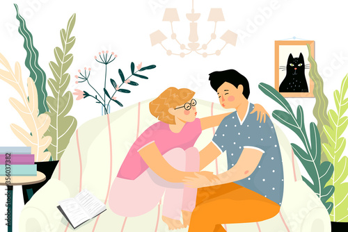 Cozy home interior background with two young people hugging and kissing sitting on the couch at home. Teenagers first kiss or love, romantic relationship. Vector hand drawn illustration.