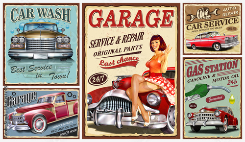 Set of vintage car metal signs,Garage, Filling Station, Car Wash retro poster.