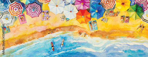 Vector painting watercolor seascape top view colorful of family tavel.