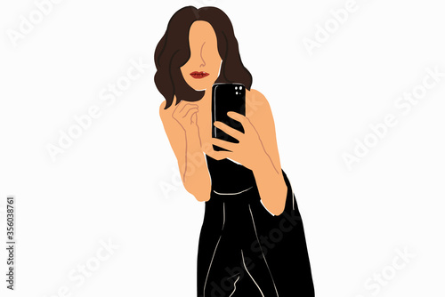 Vector illustration of an elegant woman in black dress making selfie photo on phone