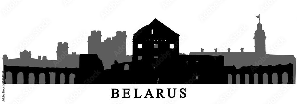 Landmarks of Belarus, silhouettes of Nesvizh castle, Kosava castle and Ruzhany palace. Vector illustration.