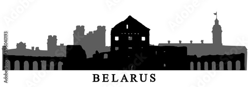 Landmarks of Belarus, silhouettes of Nesvizh castle, Kosava castle and Ruzhany palace. Vector illustration.