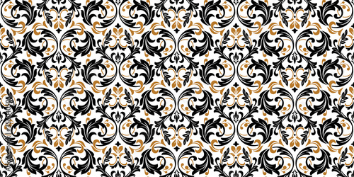 Wallpaper in the style of Baroque. Seamless vector background. Black and gold floral ornament. Graphic pattern for fabric, wallpaper, packaging. Ornate Damask flower ornament