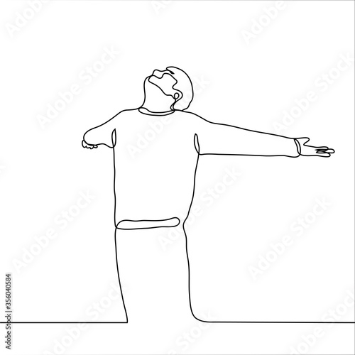The man with pleasure spread his arms to the sides and raised his face to the sky. The guy stands and smiles and freely breathes air in full. One continuous line drawing concept of bliss, freedom