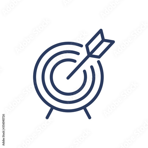 Hitting target thin line icon. Dart, dartboard, arrow in center isolated outline sign. Accuracy, goal, aim, success concept. Vector illustration symbol element for web design and apps