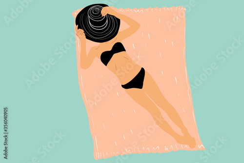 Vector illustration of a beautiful woman in swimwear sunbathing on a blanket. Concept of a summer vacation and suntan