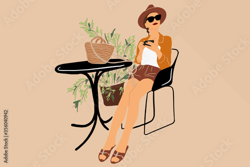 Beautiful woman enjoying coffee, sitting at the round cafe table decorated with flowers. Vector illustration in flat cartoon style