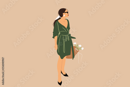 Full length portrait of a beautiful woman in green dress with a handbag and flowers on a background. Vector illustration in flat cartoon style