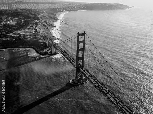 Black and white arial image of the golden gate bridge in San Francisco