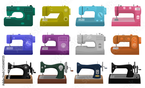 Sewing machine vector illustration on white background. Isolated cartoon set icon tool for sew. Vector cartoon set icon sewing machine.