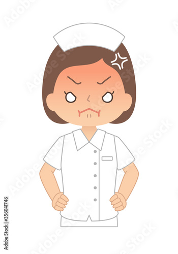 腰に手を当て顔を赤くして怒る看護師