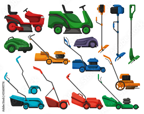 Lawn mower vector illustration on white background. Isolated cartoon set icon lawnmower. Vector cartoon set icon lawn mower.
