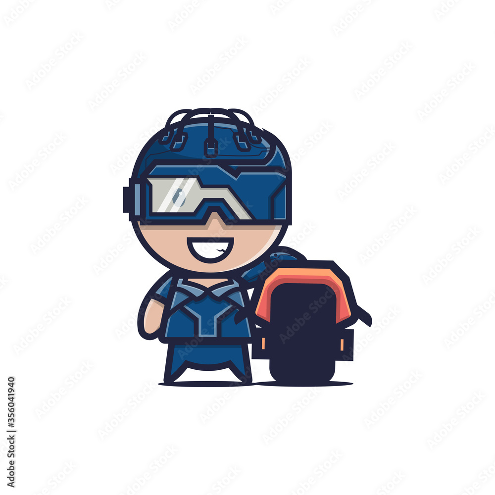 Cute cyborg cartoon character and motorcycle vector illustration