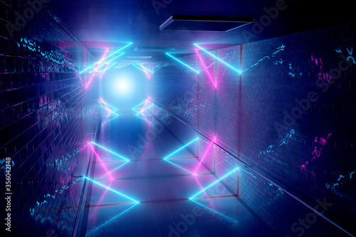 Glowing blue and pink neon light tubes in long dark underground tunnel reflecting on walls and floor 3D rendering