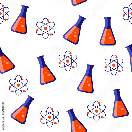 Flasks and atoms seamless pattern. Repetitive vector illustration of blue atoms and flasks containing red liquid. 