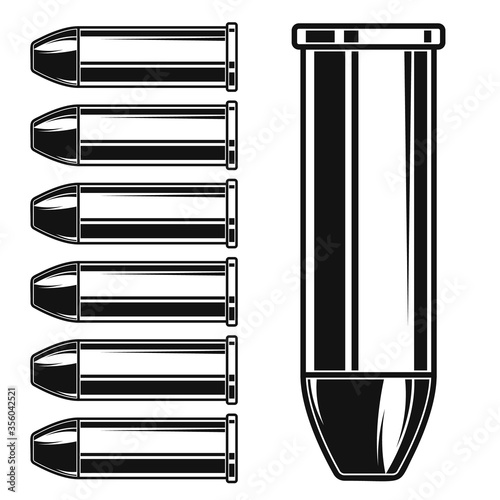 Illustration of ammunition and bullets isolated on white background. Design element for poster, card, banner, logo, label, sign, badge, t shirt. Vector illustration