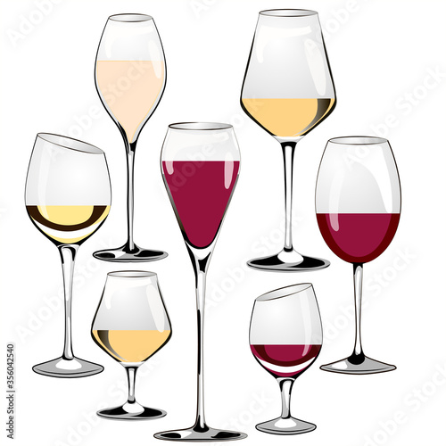 Set of glasses for white and red wine. Vector illustration on a white background.