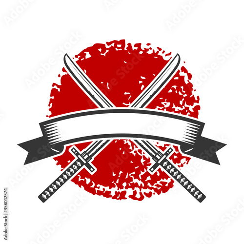 Emblem with crossed katana swords. Design element for logo, label, sign, poster, t shirt. Vector illustration