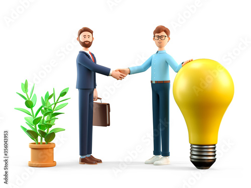 Wallpaper Mural 3D illustration of startup concept and fund agreement. Man holding huge bulb and businessman with briefcase shaking hands. Business investments search and creating new innovation ideas. Torontodigital.ca