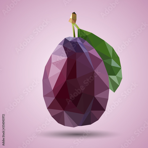 Polygonal juicy purple plum with green leaf . Realistic vector. Low-poly style