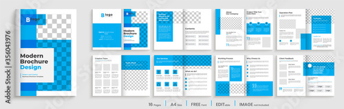 Blue elegant brochure template layout design, minimalist business profile, 16 pages brochure design, multipages template with shape.