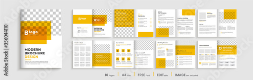 business brochure company profile template design with orange color shapes, business profile template design,16 pages, annual report,minimal, editable businss brochure.