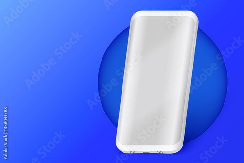 Smartphone layout presentation mockup on blue color. Example frameless model mobile phone with touchscreen on circle. Project application mockup. Vector Illustration