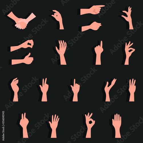 Vector set of hand gestures. Counting on fingers, shaking hands, grabbing, pinching, pointing, open hand, gesture all is well, hold, thumbs up.