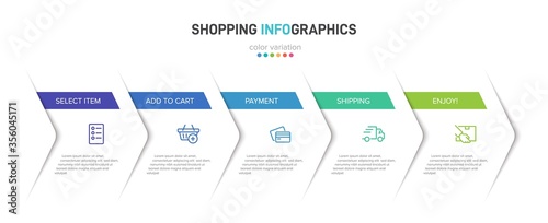 Concept of shopping process with 5 successive steps. Five colorful graphic elements. Timeline design for brochure, presentation, web site. Infographic design layout.