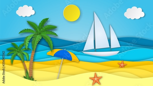 Sea landscape with beach with umbrella  waves  clouds. Sailboat in the sea. Paper cut out digital craft style. blue sea and beach summer background with paper waves and seacoast. Vector illustration