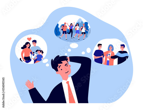 Young man thinking about family and friends. Hiking, party, mountain flat vector illustration. Friendship, lifestyle and entertainment concept for banner, website design or landing web page