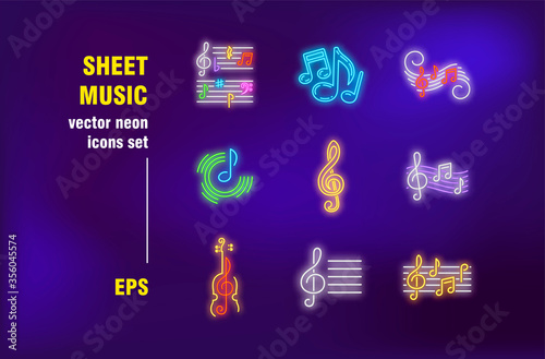 Sheet music in neon signs set. Note, playing, treble clef and violin. Vector illustrations for bright banners. Sound and entertainment concept