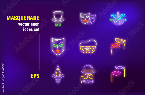 Masquerade collection in neon style. Mask, feather, theater and drama. Vector illustrations for bright signboards. Holiday and entertainment concept