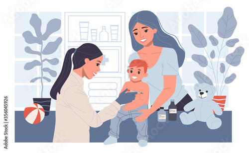 Billede på lærred Positive pediatrician vaccinating cute child in medical office