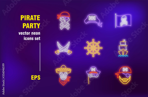 Pirate party neon signs set. Skull, bone, ship, treasure and flag. Vector illustrations for bright banners. Celebration and entertainment concept